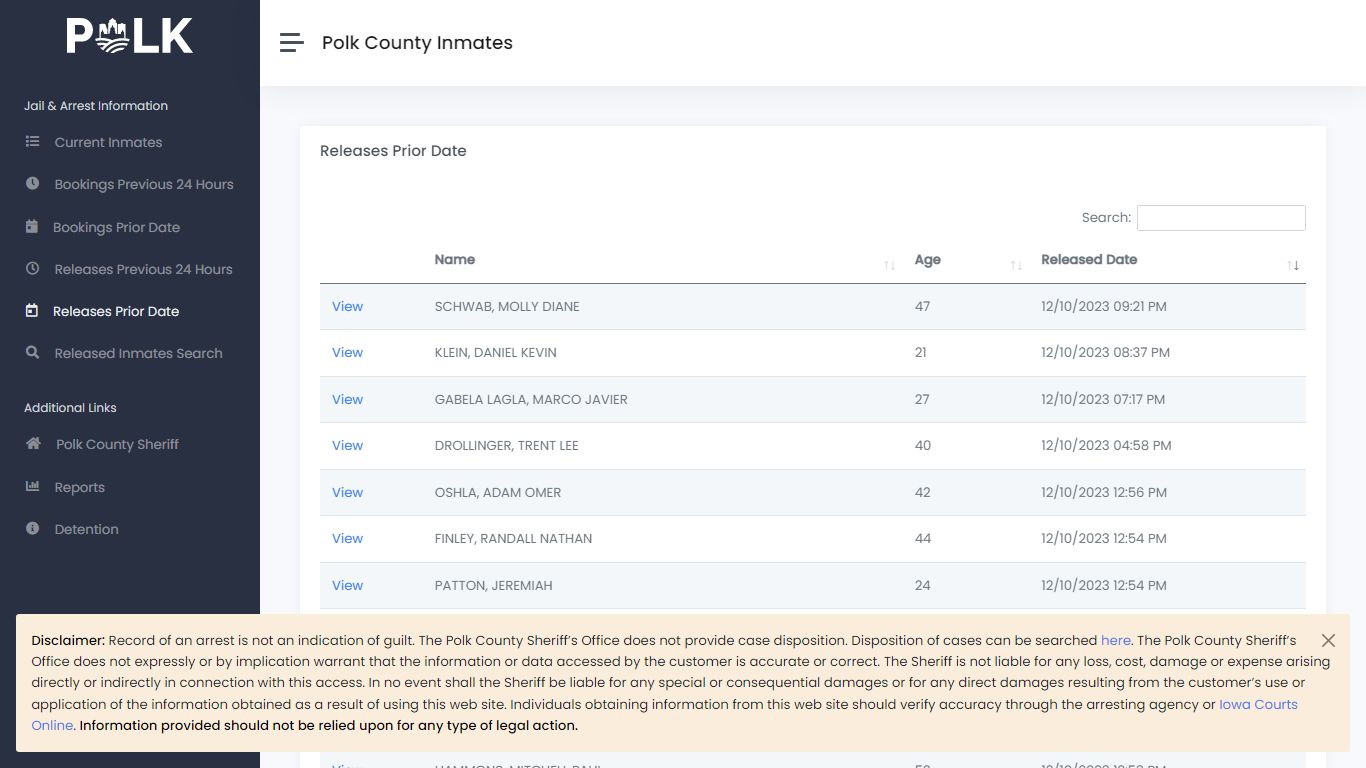 Releases Prior Date - Polk Inmates - Polk County Iowa
